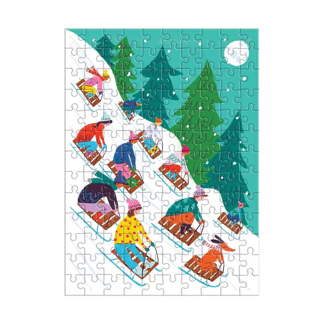 mini puzzle winter sledding de galison de 130 pièces, puzzle boite original de Noël monté.