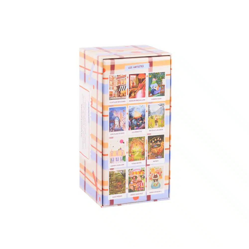 Dos et illustrations du Coffret Artiste de Trevell, coffret de 12 minis puzzles de 99 pièces illustré par 12 artistes différents